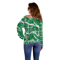 Hawaii Japanese Culture Green Off Shoulder Sweater Spring Cranes Aloha Pattern