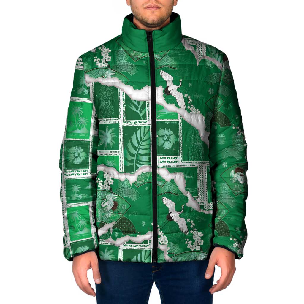 Hawaii Japanese Culture Green Padded Jacket Spring Cranes Aloha Pattern