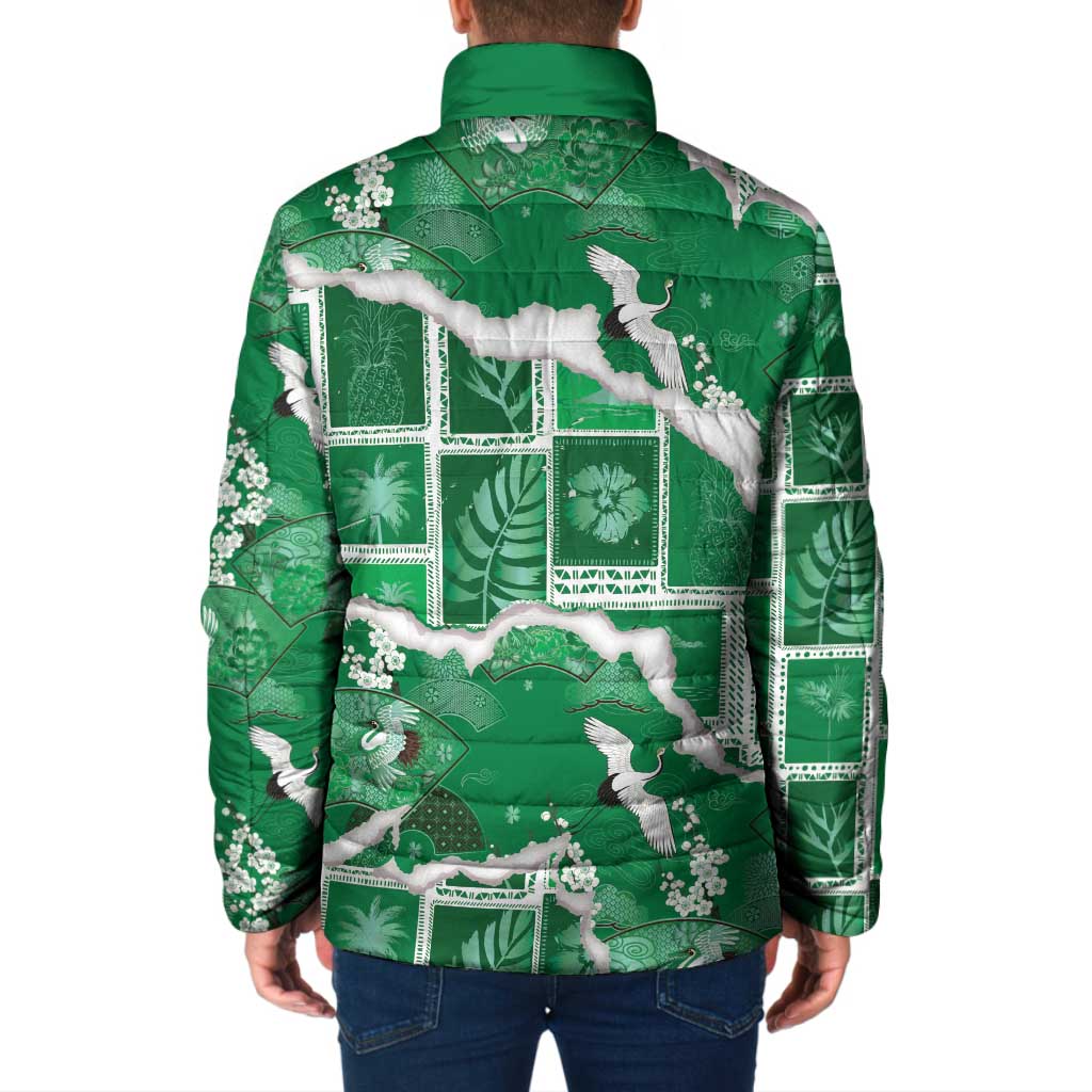 Hawaii Japanese Culture Green Padded Jacket Spring Cranes Aloha Pattern