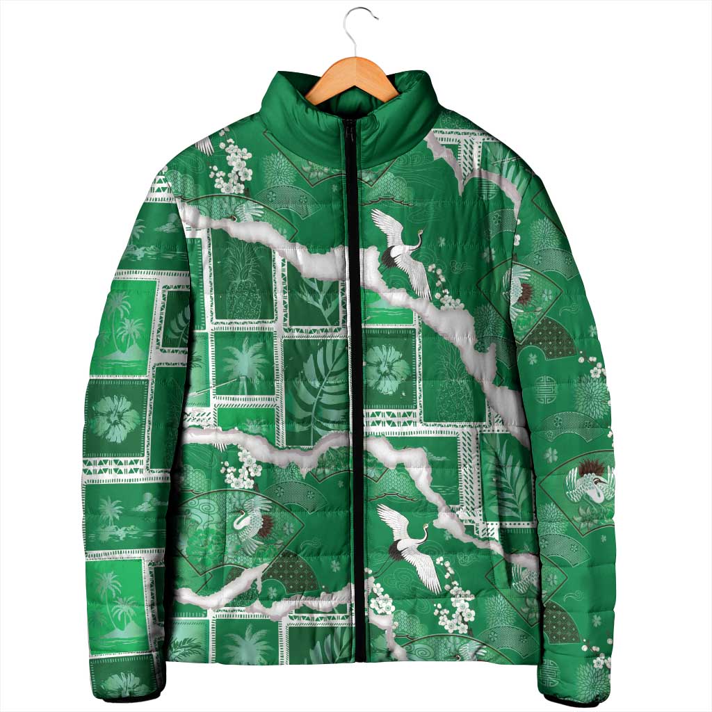 Hawaii Japanese Culture Green Padded Jacket Spring Cranes Aloha Pattern