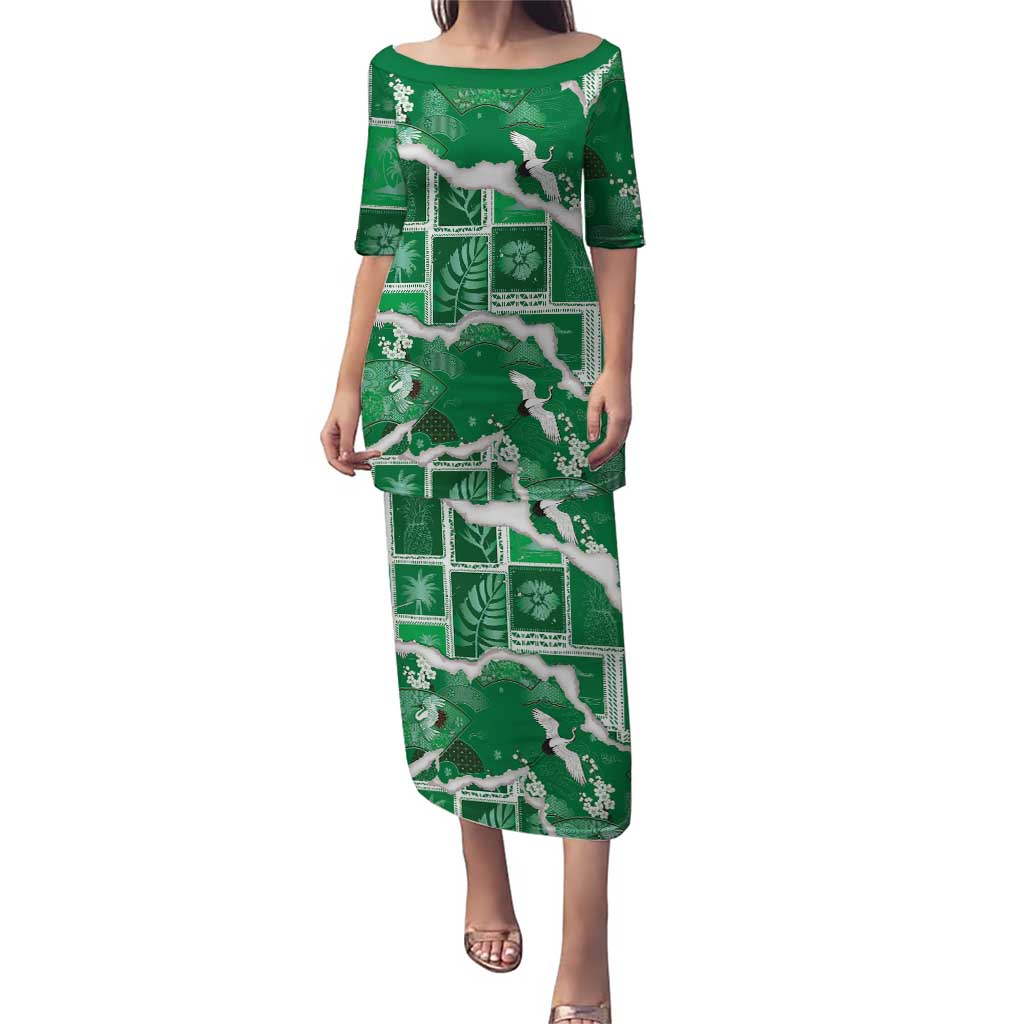 Hawaii Japanese Culture Green Puletasi Spring Cranes Aloha Pattern