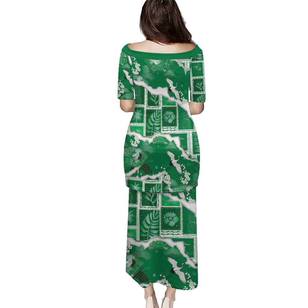Hawaii Japanese Culture Green Puletasi Spring Cranes Aloha Pattern