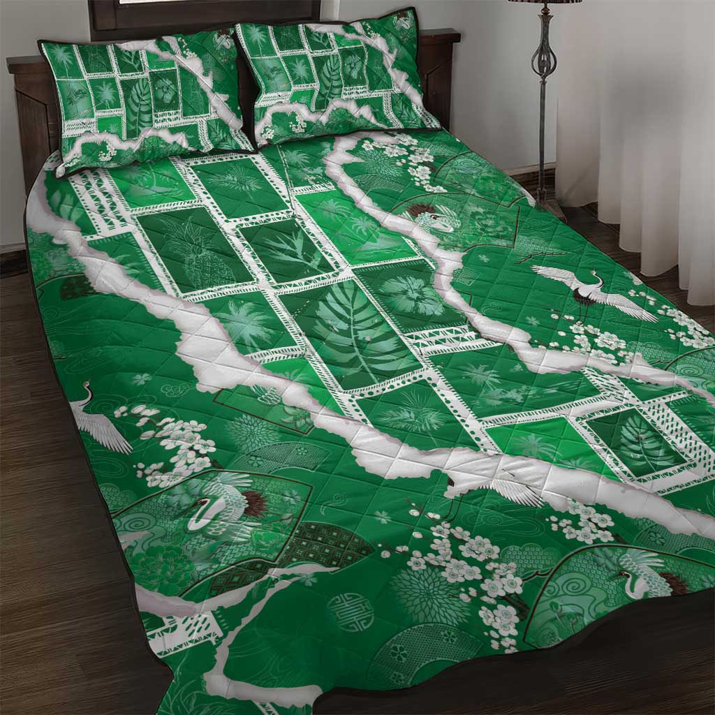 Hawaii Japanese Culture Green Quilt Bed Set Spring Cranes Aloha Pattern