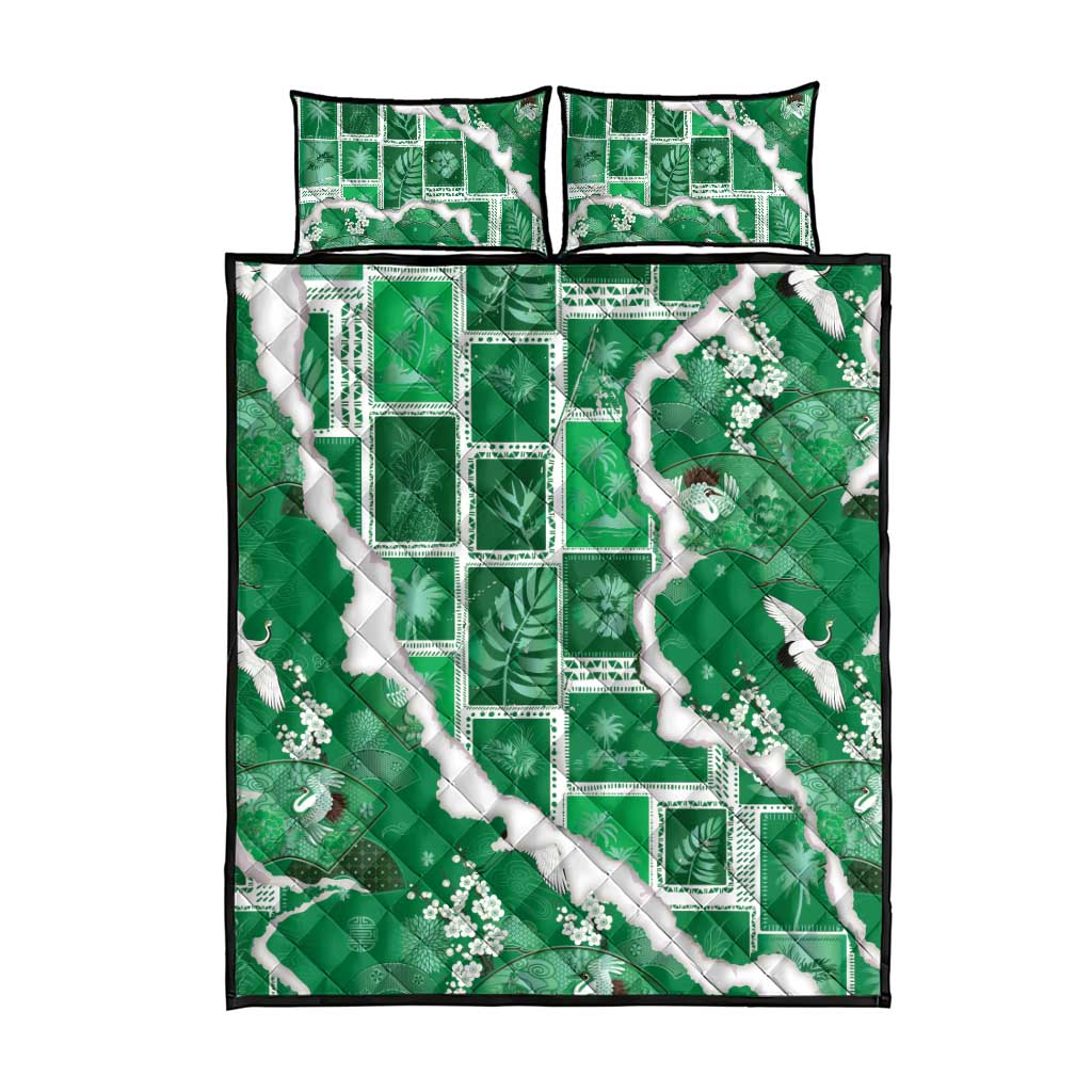 Hawaii Japanese Culture Green Quilt Bed Set Spring Cranes Aloha Pattern