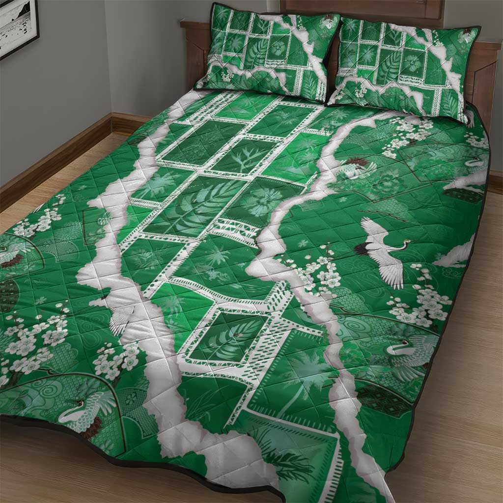 Hawaii Japanese Culture Green Quilt Bed Set Spring Cranes Aloha Pattern