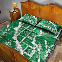 Hawaii Japanese Culture Green Quilt Bed Set Spring Cranes Aloha Pattern