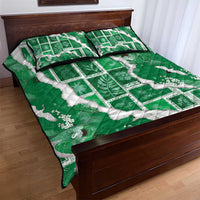 Hawaii Japanese Culture Green Quilt Bed Set Spring Cranes Aloha Pattern