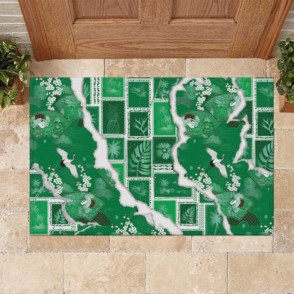 Hawaii Japanese Culture Green Rubber Doormat Spring Cranes Aloha Pattern
