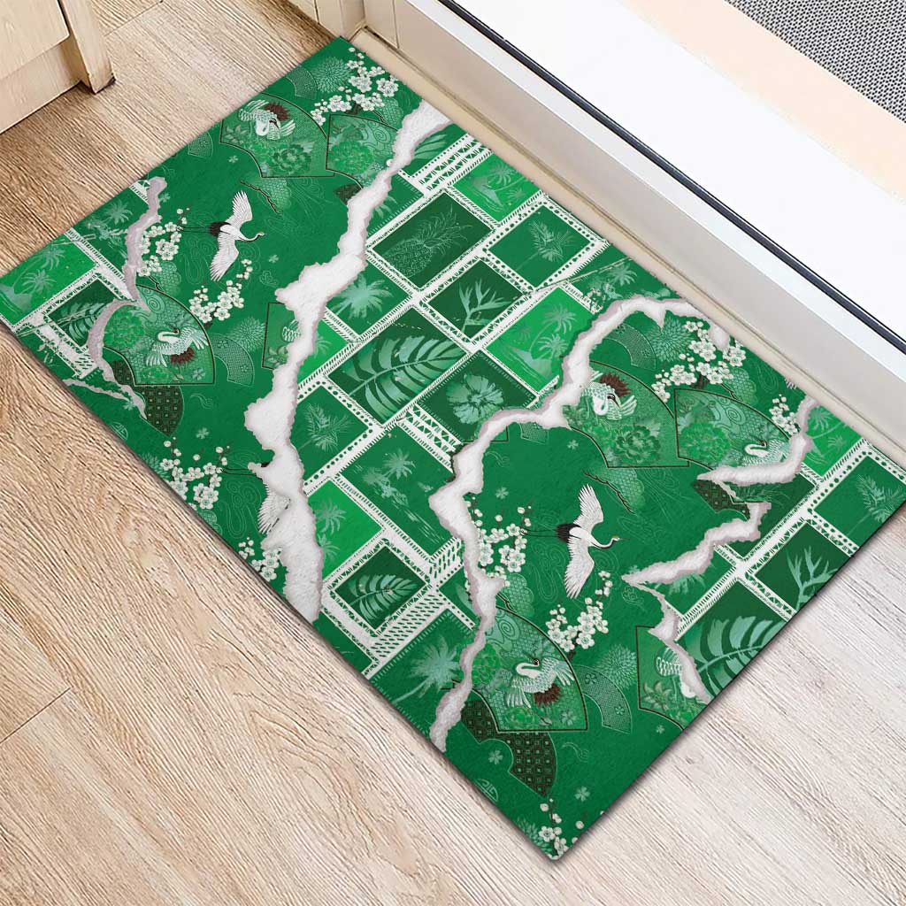 Hawaii Japanese Culture Green Rubber Doormat Spring Cranes Aloha Pattern