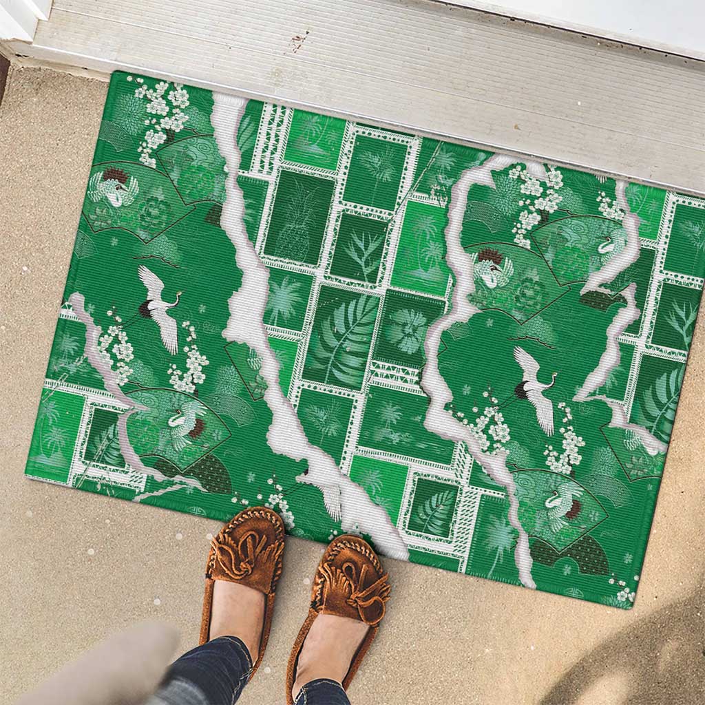 Hawaii Japanese Culture Green Rubber Doormat Spring Cranes Aloha Pattern