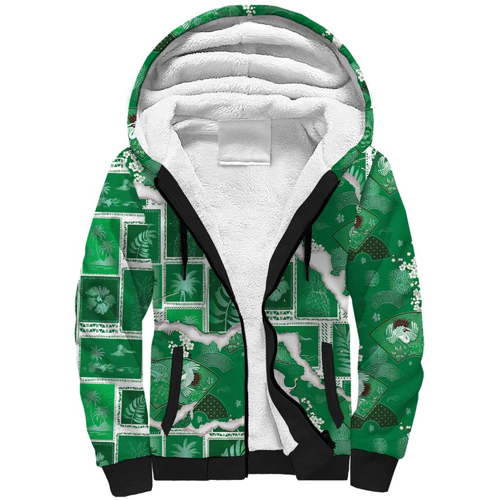 Hawaii Japanese Culture Green Sherpa Hoodie Spring Cranes Aloha Pattern
