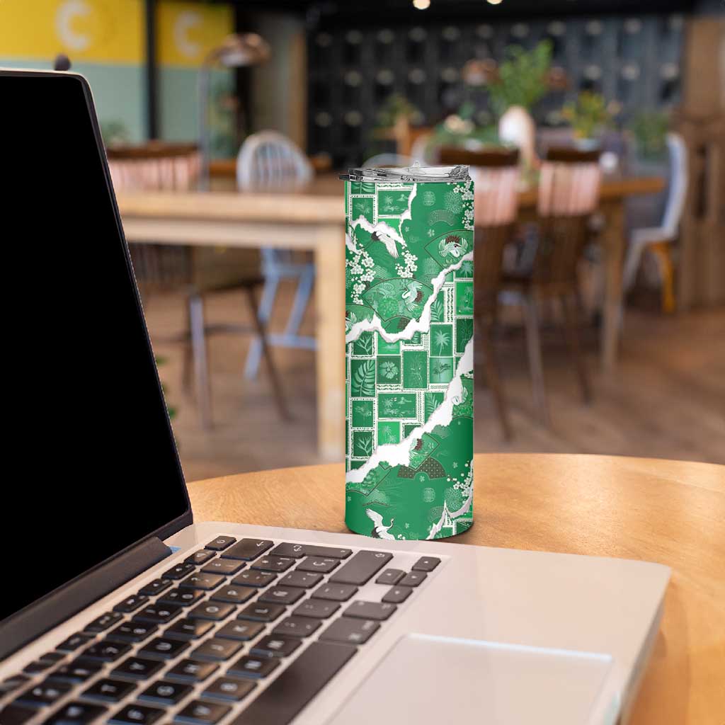 Hawaii Japanese Culture Green Skinny Tumbler Spring Cranes Aloha Pattern