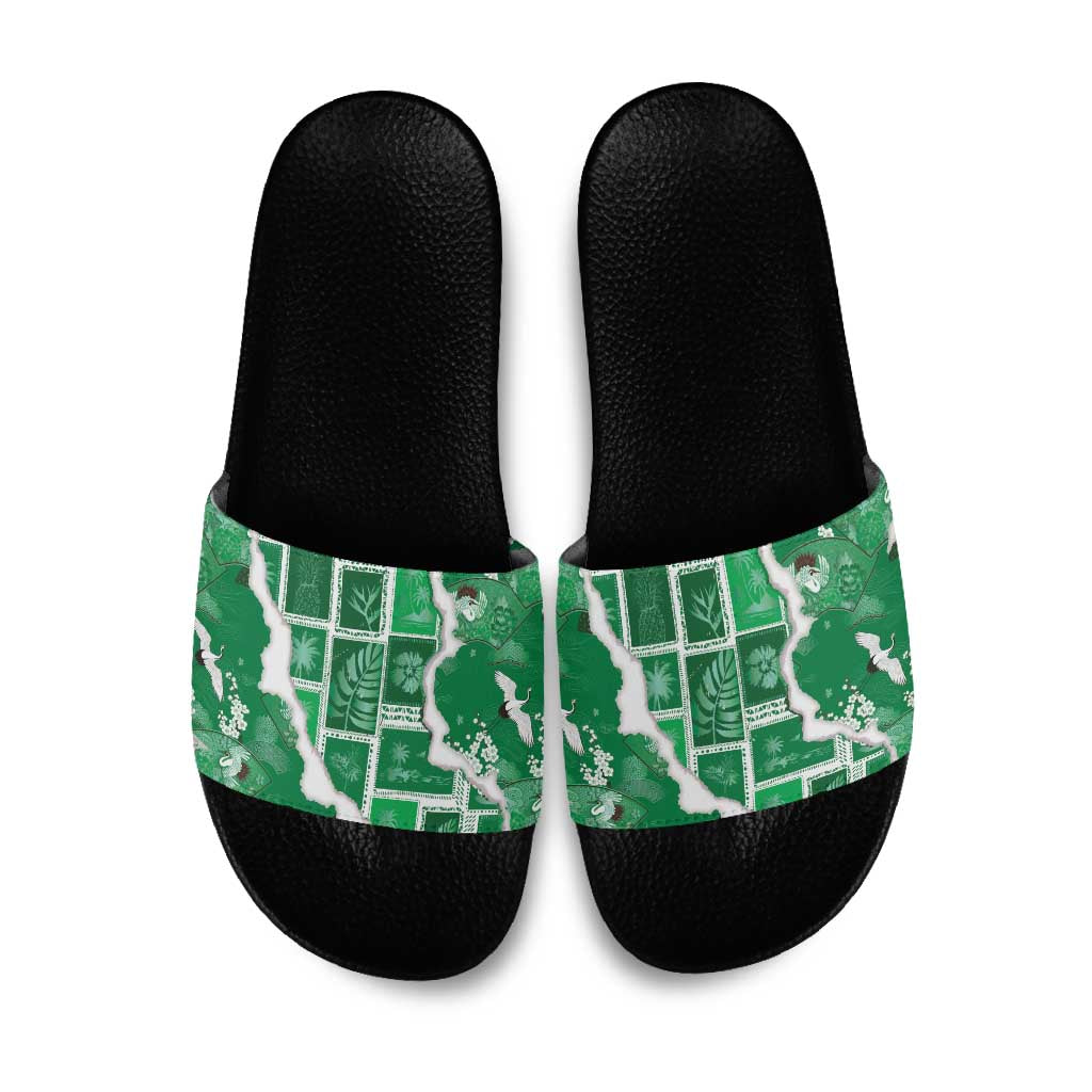 Hawaii Japanese Culture Green Slide Sandals Spring Cranes Aloha Pattern
