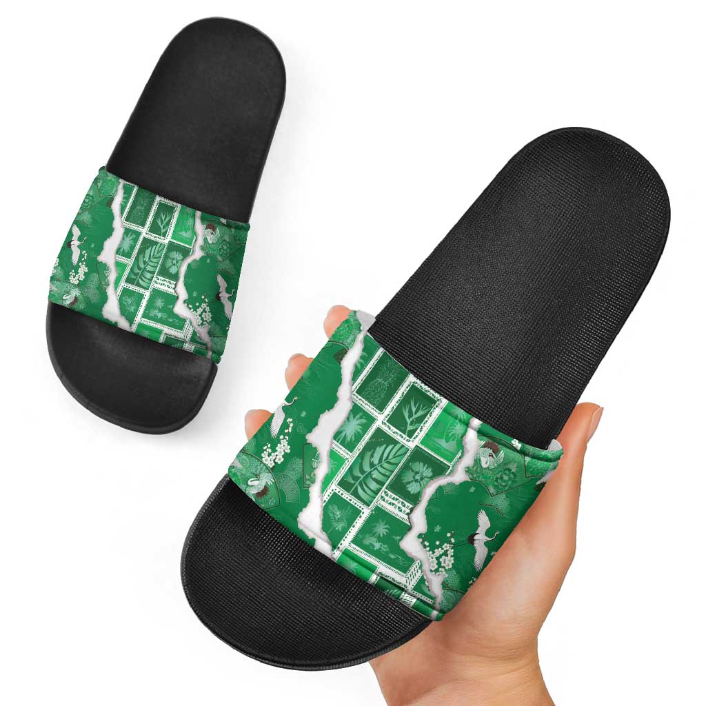 Hawaii Japanese Culture Green Slide Sandals Spring Cranes Aloha Pattern