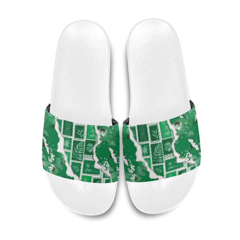 Hawaii Japanese Culture Green Slide Sandals Spring Cranes Aloha Pattern