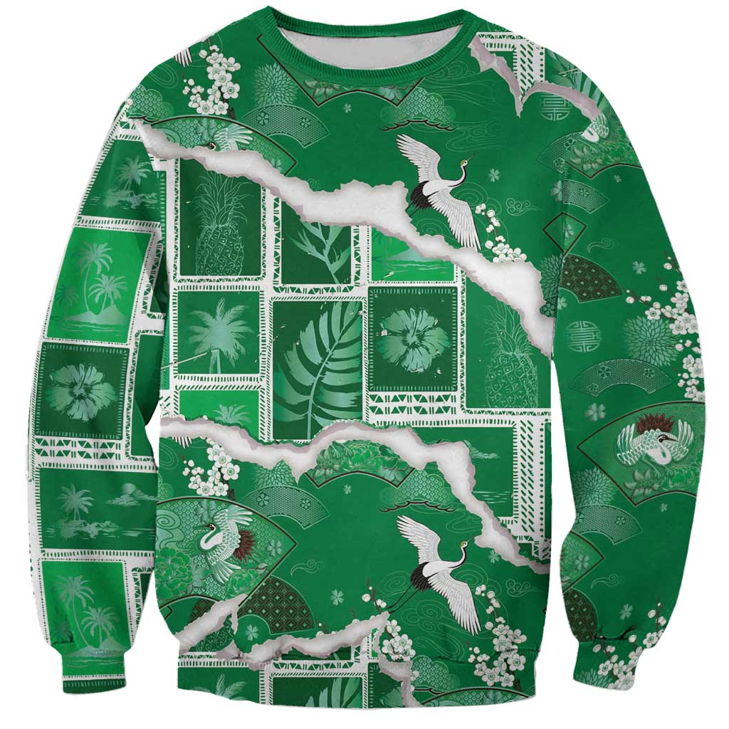 Hawaii Japanese Culture Green Sweatshirt Spring Cranes Aloha Pattern