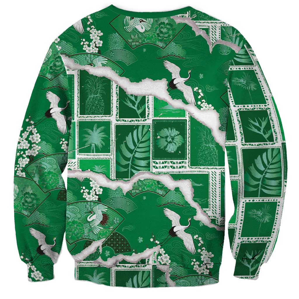 Hawaii Japanese Culture Green Sweatshirt Spring Cranes Aloha Pattern