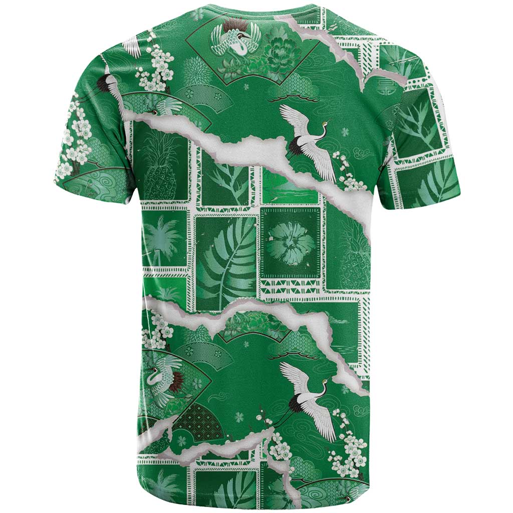 Hawaii Japanese Culture Green T Shirt Spring Cranes Aloha Pattern
