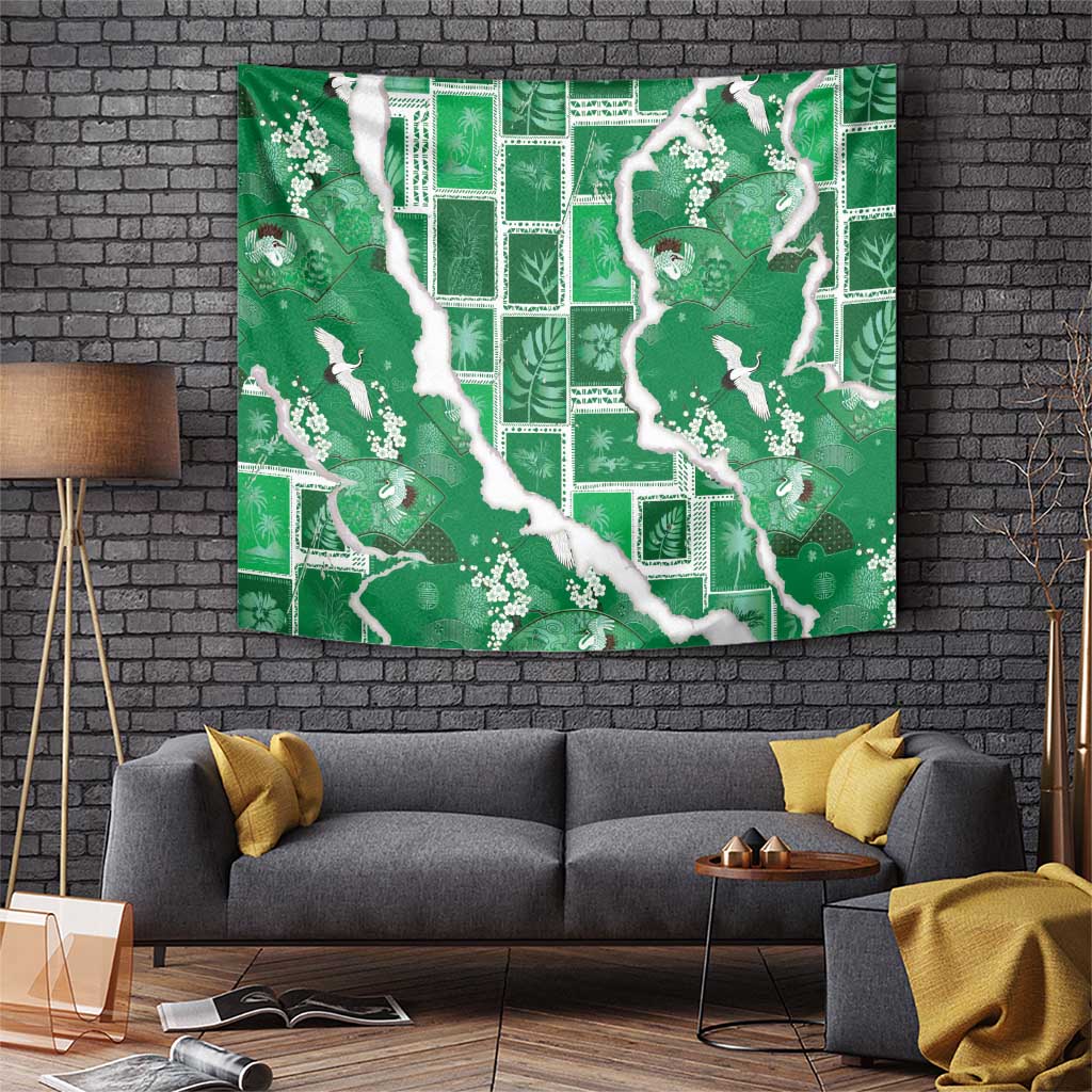 Hawaii Japanese Culture Green Tapestry Spring Cranes Aloha Pattern