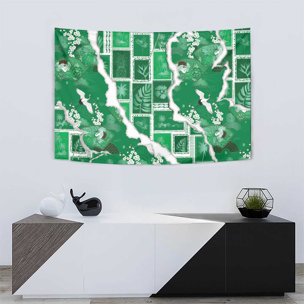 Hawaii Japanese Culture Green Tapestry Spring Cranes Aloha Pattern