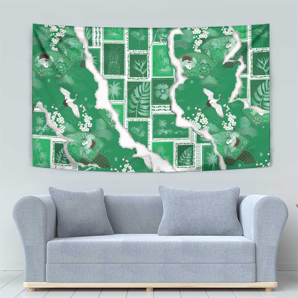 Hawaii Japanese Culture Green Tapestry Spring Cranes Aloha Pattern