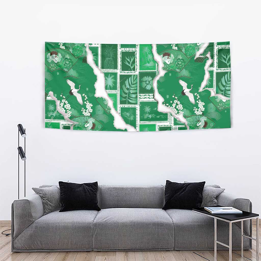 Hawaii Japanese Culture Green Tapestry Spring Cranes Aloha Pattern