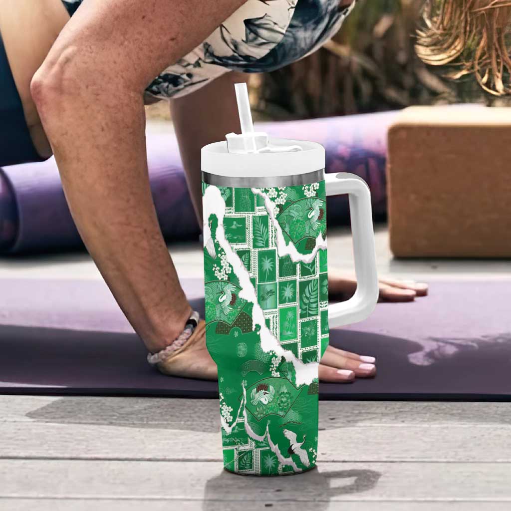 Hawaii Japanese Culture Green Tumbler With Handle Spring Cranes Aloha Pattern