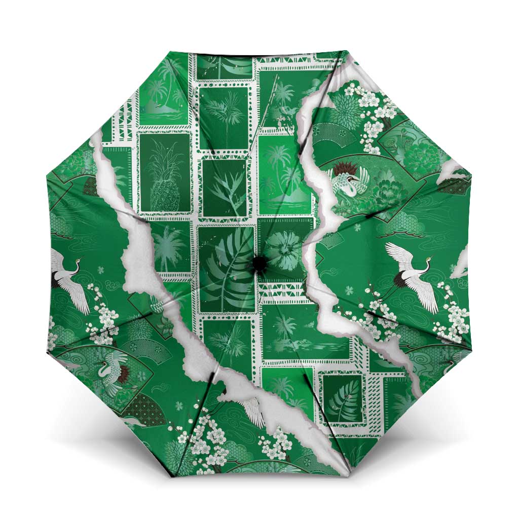 Hawaii Japanese Culture Green Umbrella Spring Cranes Aloha Pattern LT01 One Size Folded 11.42 inch Opened Diameter 37.4 inch Green - Polynesian Pride