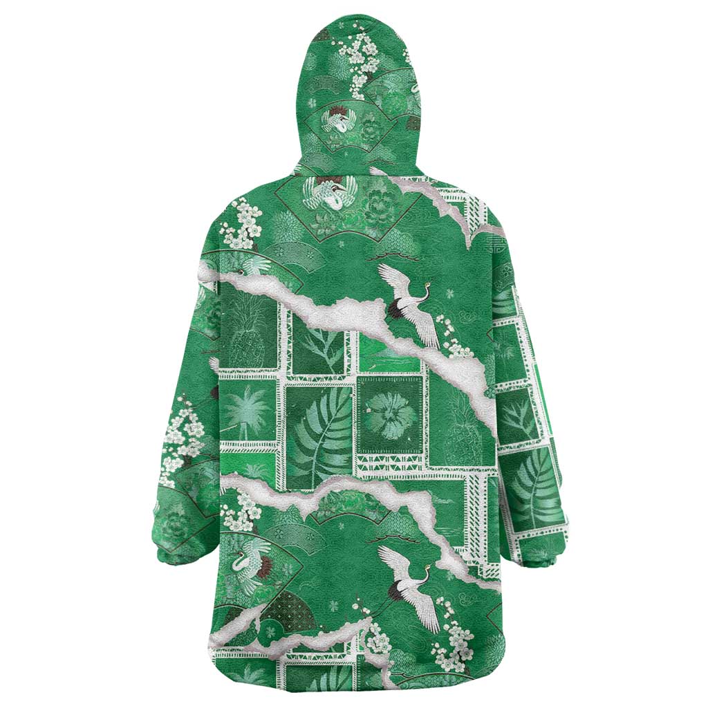Hawaii Japanese Culture Green Wearable Blanket Hoodie Spring Cranes Aloha Pattern