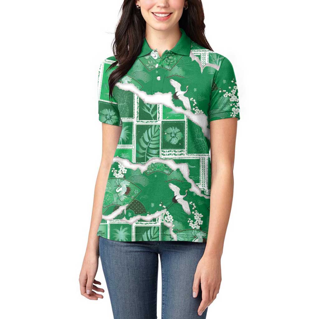 Hawaii Japanese Culture Green Women Polo Shirt Spring Cranes Aloha Pattern