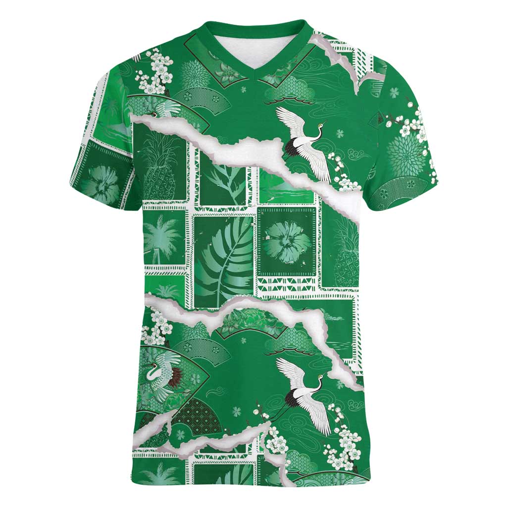Hawaii Japanese Culture Green Women V-Neck T-Shirt Spring Cranes Aloha Pattern LT01 Female Green - Polynesian Pride