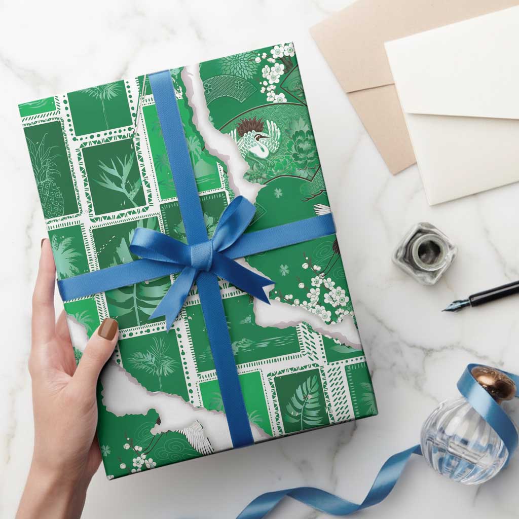 Hawaii Japanese Culture Green Wrapping Paper Spring Cranes Aloha Pattern