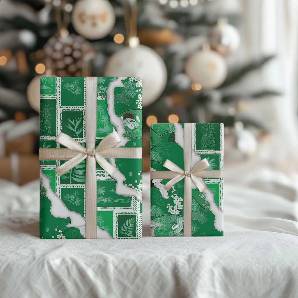 Hawaii Japanese Culture Green Wrapping Paper Spring Cranes Aloha Pattern