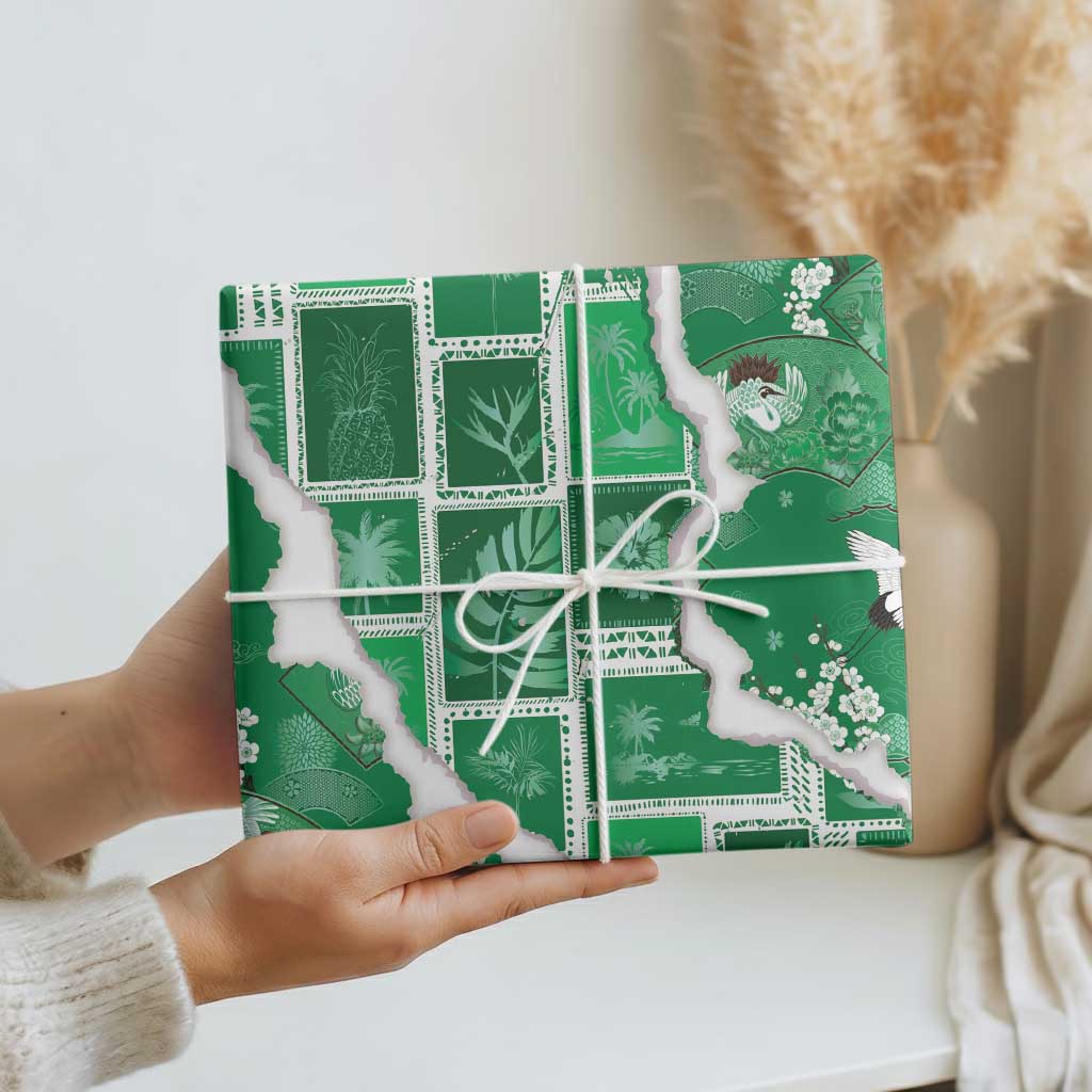 Hawaii Japanese Culture Green Wrapping Paper Spring Cranes Aloha Pattern