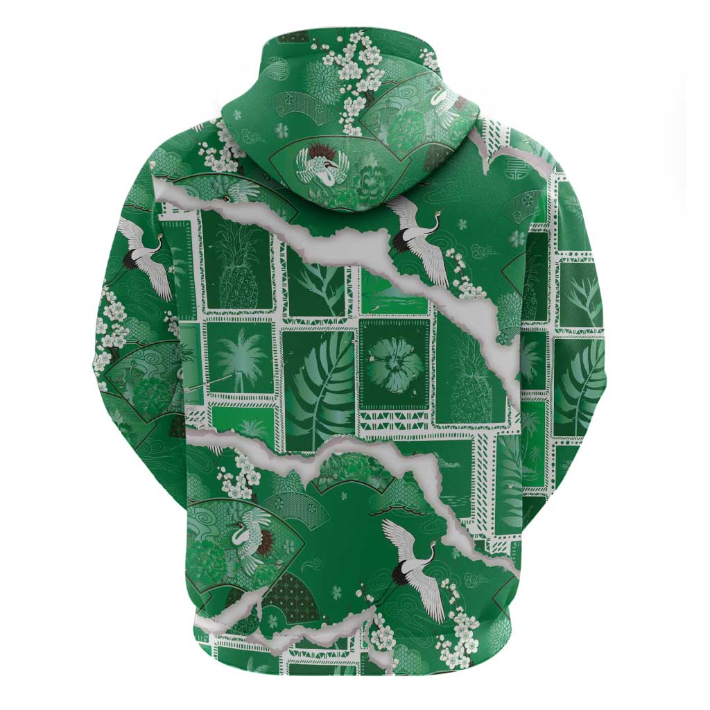 Hawaii Japanese Culture Green Zip Hoodie Spring Cranes Aloha Pattern LT01 - Polynesian Pride