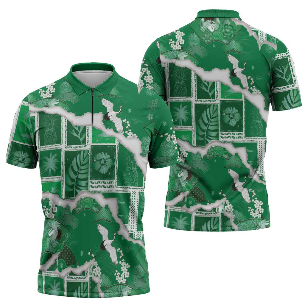 Hawaii Japanese Culture Green Zipper Polo Shirt Spring Cranes Aloha Pattern