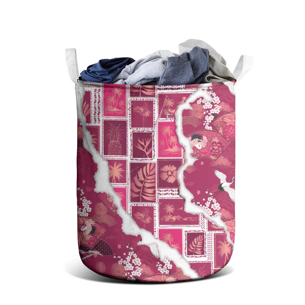 Hawaii Japanese Culture Pink Laundry Basket Spring Cranes Aloha Pattern