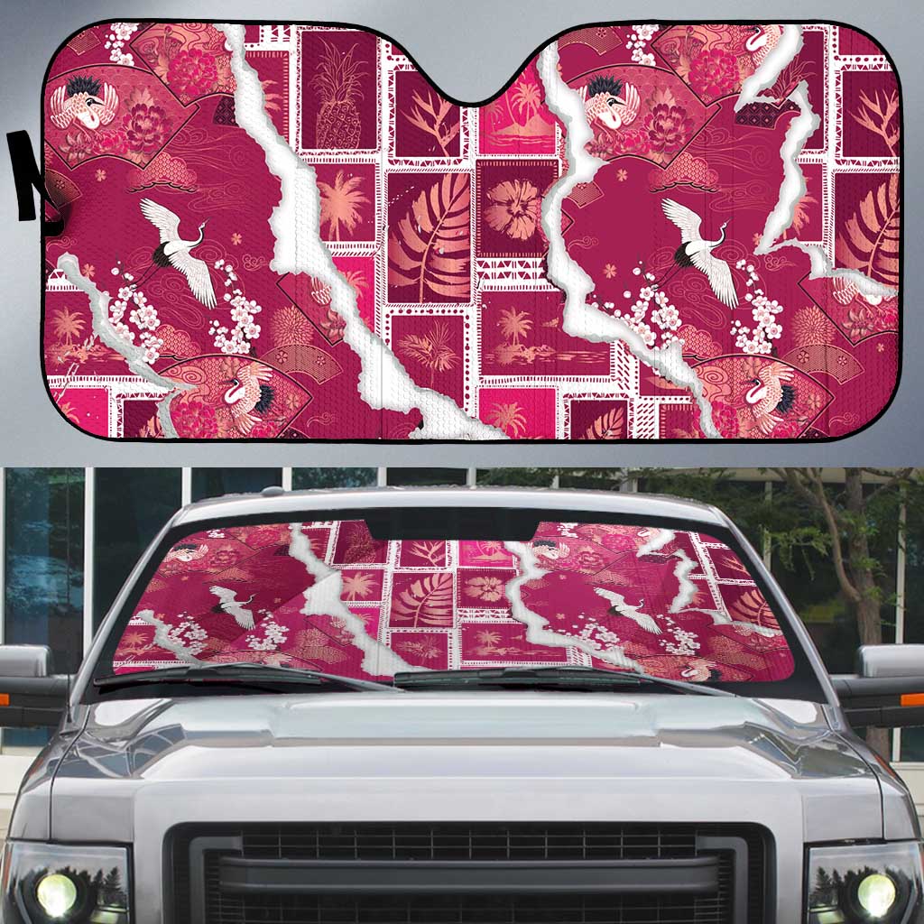 Hawaii Japanese Culture Pink Auto Sun Shade Spring Cranes Aloha Pattern