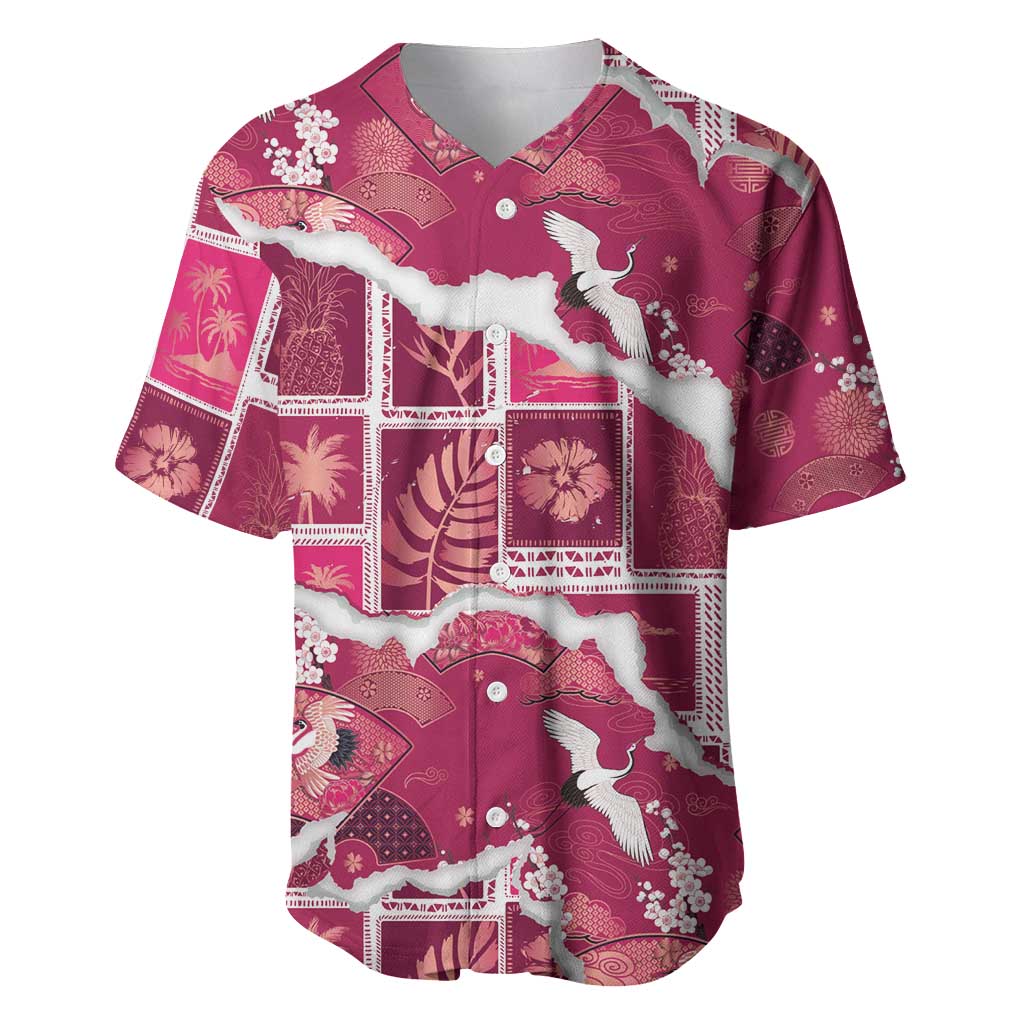 Hawaii Japanese Culture Pink Baseball Jersey Spring Cranes Aloha Pattern