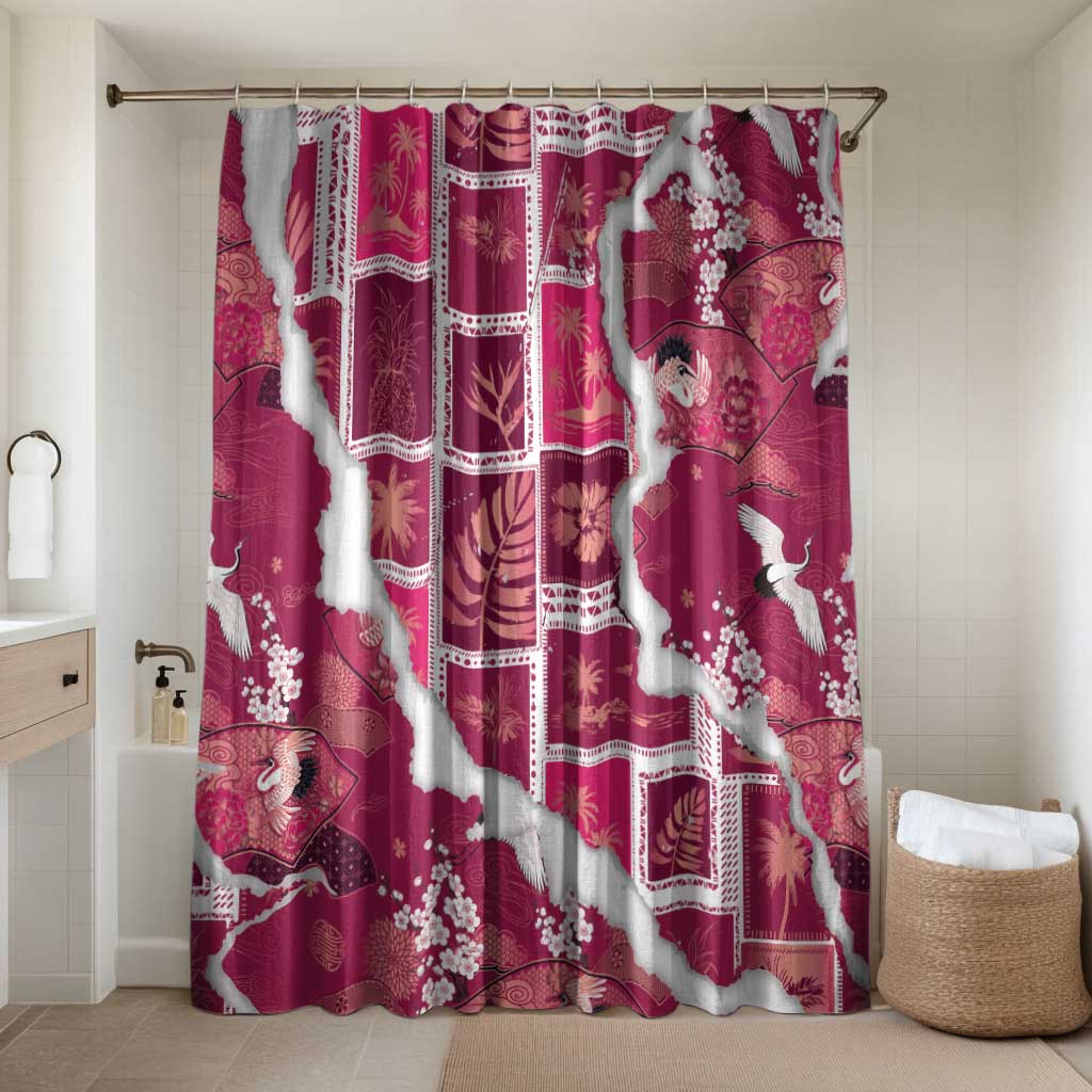 Hawaii Japanese Culture Pink Bathroom Set Spring Cranes Aloha Pattern
