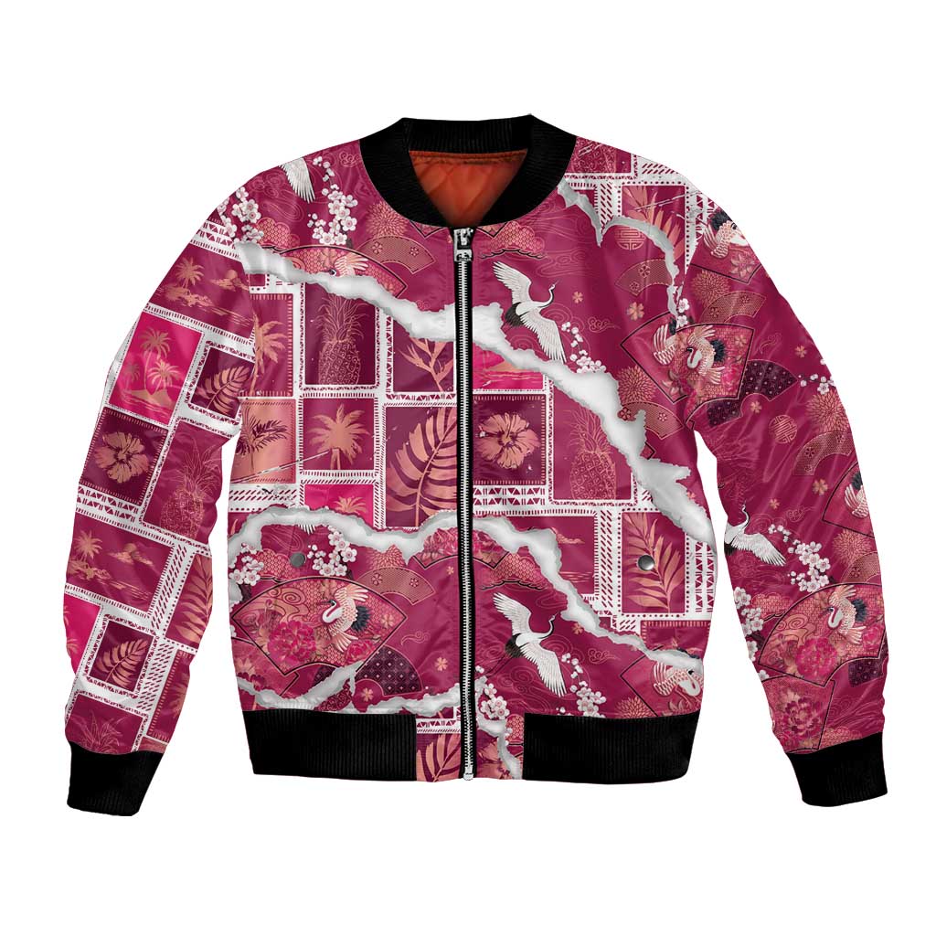 Hawaii Japanese Culture Pink Bomber Jacket Spring Cranes Aloha Pattern