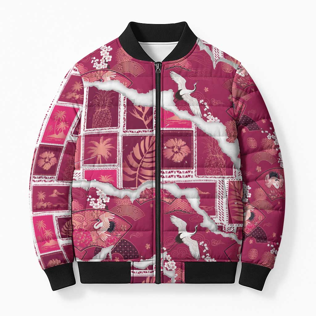 Hawaii Japanese Culture Pink Bomber Puffer Jacket Spring Cranes Aloha Pattern