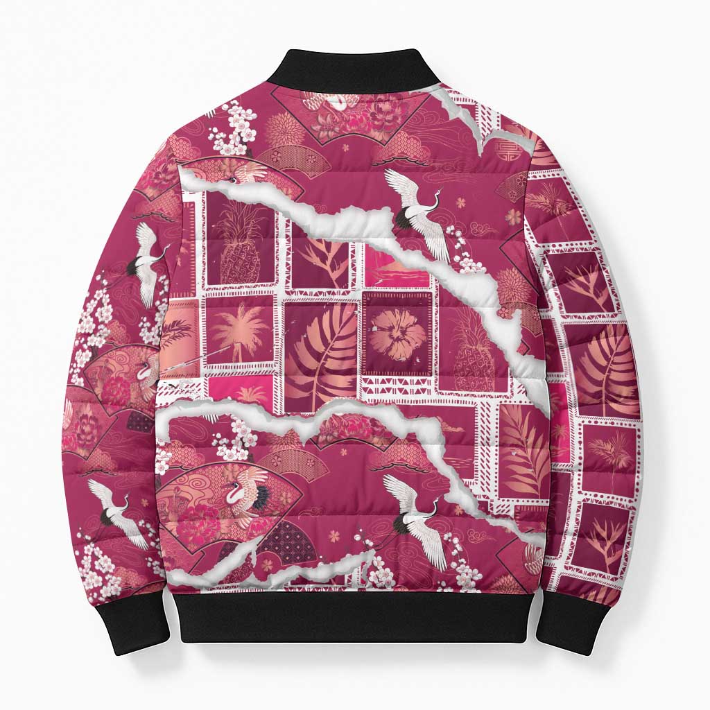 Hawaii Japanese Culture Pink Bomber Puffer Jacket Spring Cranes Aloha Pattern
