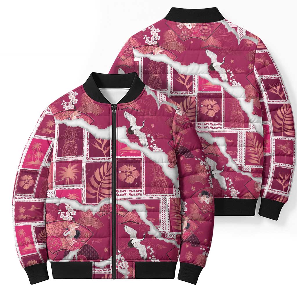 Hawaii Japanese Culture Pink Bomber Puffer Jacket Spring Cranes Aloha Pattern