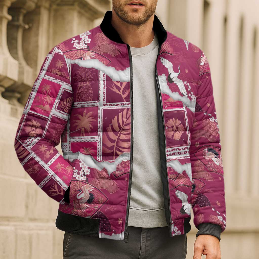 Hawaii Japanese Culture Pink Bomber Puffer Jacket Spring Cranes Aloha Pattern