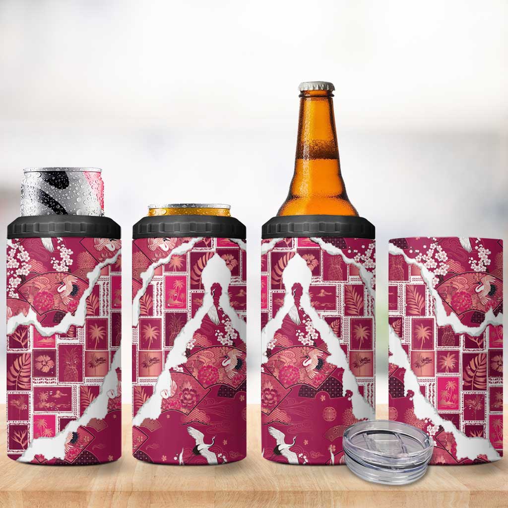 Hawaii Japanese Culture Pink 4 in 1 Can Cooler Tumbler Spring Cranes Aloha Pattern