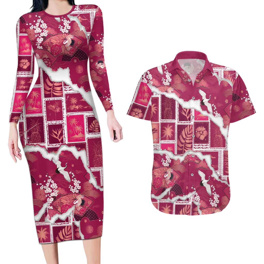 Hawaii Japanese Culture Pink Couples Matching Long Sleeve Bodycon Dress and Hawaiian Shirt Spring Cranes Aloha Pattern LT01 Pink - Polynesian Pride