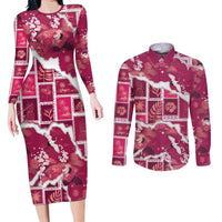 Hawaii Japanese Culture Pink Couples Matching Long Sleeve Bodycon Dress and Long Sleeve Button Shirt Spring Cranes Aloha Pattern LT01 Pink - Polynesian Pride