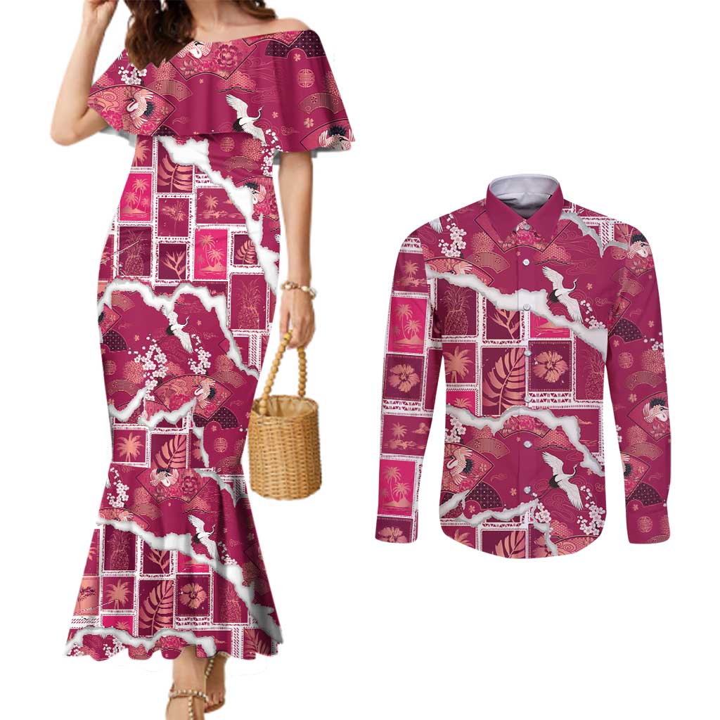 Hawaii Japanese Culture Pink Couples Matching Mermaid Dress and Long Sleeve Button Shirt Spring Cranes Aloha Pattern LT01 Pink - Polynesian Pride