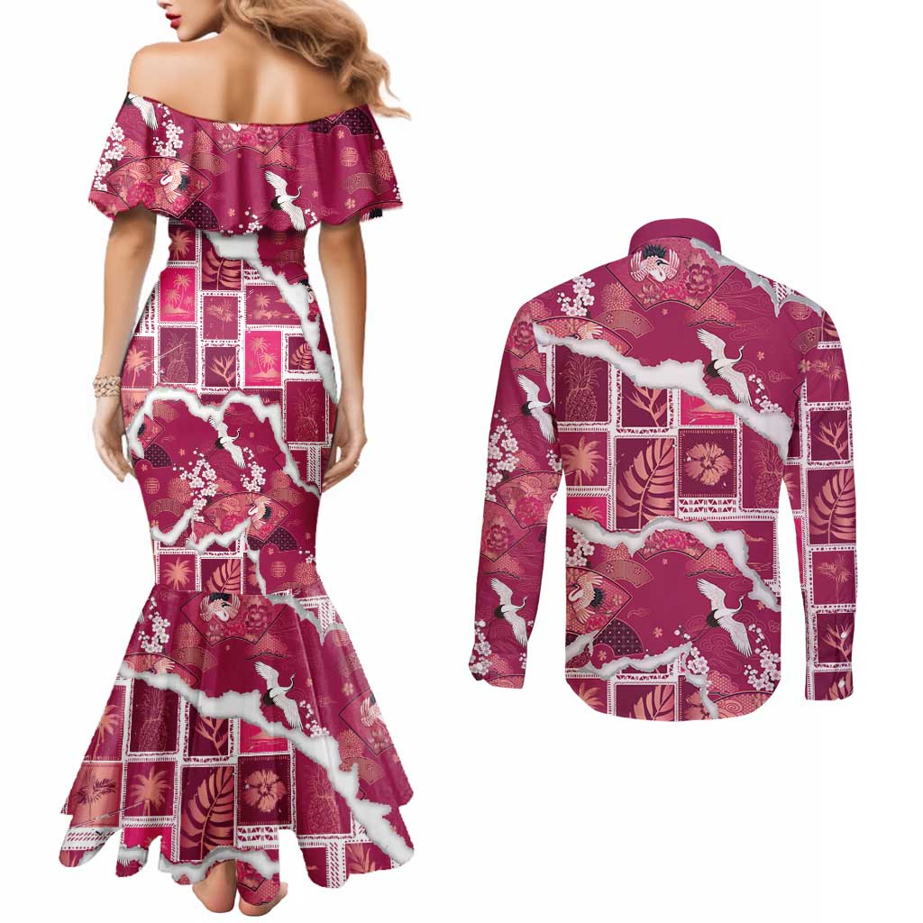 Hawaii Japanese Culture Pink Couples Matching Mermaid Dress and Long Sleeve Button Shirt Spring Cranes Aloha Pattern LT01 - Polynesian Pride